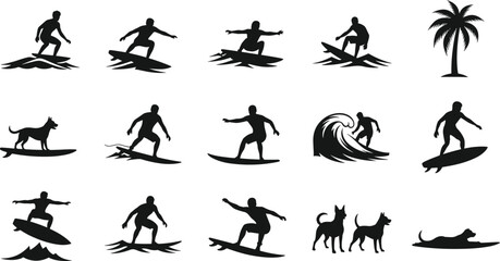 Surfing silhouettes showing surfers riding ocean waves, beach lifestyle, palm tree, summer adventure, coastal sport illustration, icons set