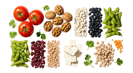 Assorted vegetarian food items arranged on white background