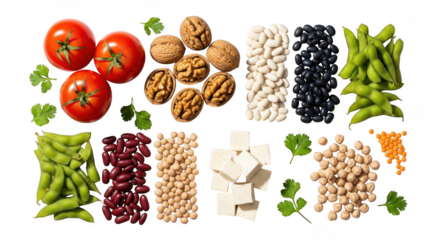 Assorted vegetarian food items arranged on white background