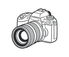 a detailed line drawing showcases a professional dslr camera with a prominent lens capturing the essence of photographic equipment high quality