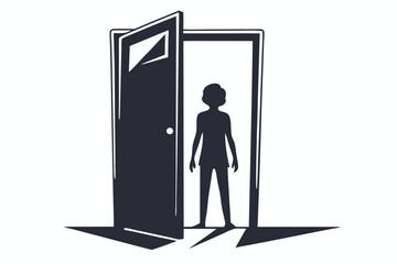 Fototapeta premium Open Door Silhouette Girl Standing in Doorway, Threshold, Opportunity, Isolated