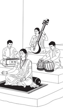 Group of Indian musicians performing traditional classical music with sitar, tabla, and harmonium on a raised stage.