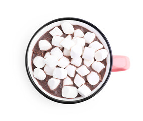 Tasty hot cocoa with marshmallows in cup isolated on white, top view