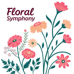 Colorful flowers with green stems and leaves on white background 2