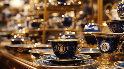 Handpainted porcelain tea cup and saucer with gold trim detail