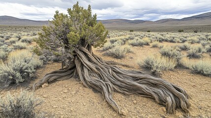 A gnarled tree with thick exposed roots grips the dry arid landscape shaped by erosion
