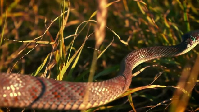 Snake slithering through tall green grass, outdoors in nature. Close-up reptile. Animal wildlife, environment.