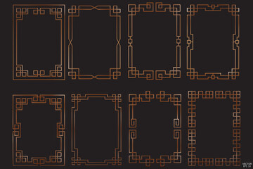 Simple Chinese brown wood geometric frames are isolated on black background. Luxury wooden borders for invitations, luxury templates, and decorative patterns. 3D vector illustration.