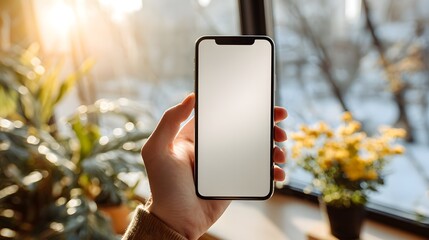 Person holds contemporary smartphone with blank screen indoors near sunlit window