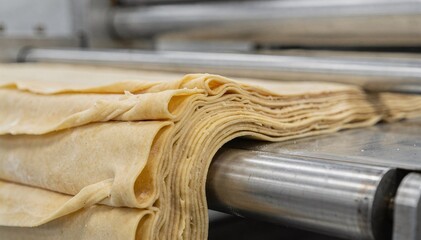Medium shot of laminated dough layers smoothly merging on conveyor belt showcasing the delicate folding process essential for crispy flaky cracker texture in factory.