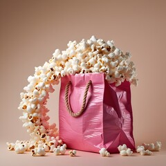 cute pink shopping bag overflowing with fluffy popcorn on plain beige background in playful minimal style for National Popcorn Day