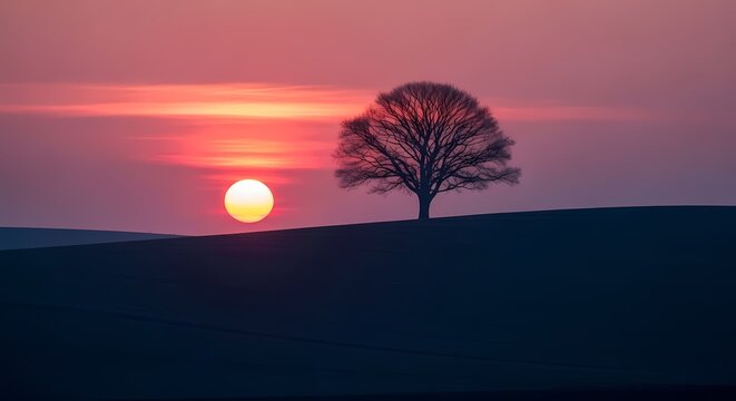 Solitary tree silhouetted against a fiery sunset on rolling hills - Powered by Adobe