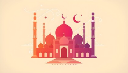 Ramadan calendar template with colorful mosque silhouette, modern gradient domes, crescent moon, minimal islamic design