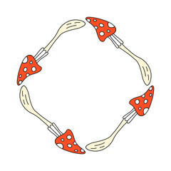 Cute rhombus frame with hand drawn red fly agaric amanita mushrooms isolated on white background. Autumn composition.