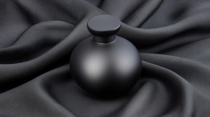 Black perfume bottle on a dark fabric surface in studio