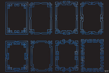 Simple Chinese blue geometric frames are isolated on black background. Luxury blue borders for invitations, luxury templates, and decorative patterns. 3D vector illustration.