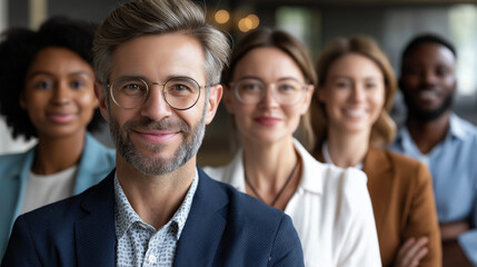 Obraz premium Portrait shot diverse group of faceless business professionals, modern multi ethnic business team standing and looking at camera, AI generate, defocused collective representation ,