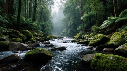 Lush Forest Stream with Rocks and Flowing Water