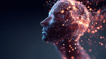 Human silhouette profile dissolving into glowing digital particles against a dark background