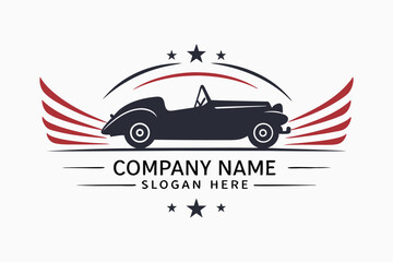 Obraz premium Vintage Car Silhouette with Wings and Stars in Red, Black, and White Design Style