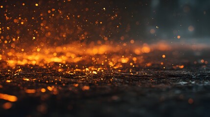 Brilliant orange embers scatter across a dark, textured ground surface in a dramatic low-angle shot