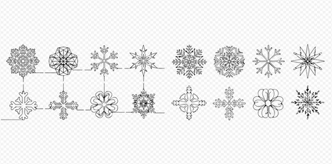 Set of various intricate snowflake and floral design elements in black and white line art style.