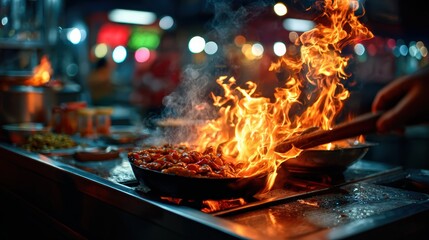 Wok Flames with Street Food at Colorful Night Market