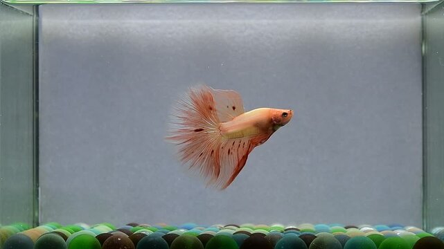 Betta fish fancy orange vanda halfmoon long tails from Thailand, Siamese fighting fish on isolated Grey background.