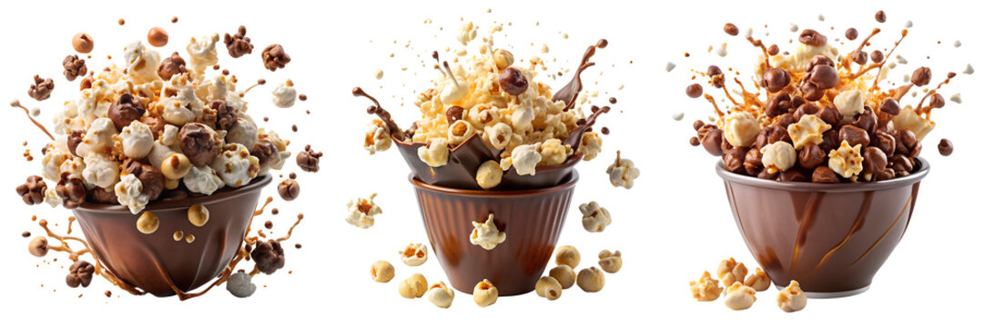 Set of Popcorn chocolate flavor with splash isolated on a transparent background