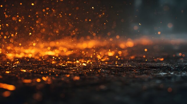 Brilliant orange embers scatter across a dark, textured ground surface in a dramatic low-angle shot