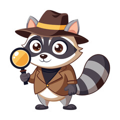 Cartoon Raccoon Detective Wearing Hat Holding Magnifying Glass investigator mystery