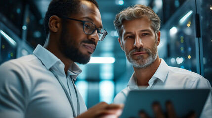 Two faceless server specialists talk and work in data center, defocused IT collaboration, technology facility teamwork, infrastructure management discussion, server room cooperatio