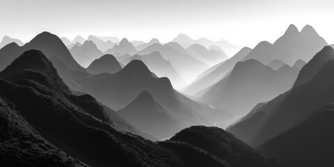 Monochrome Misty Mountain Range Landscape