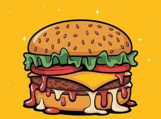 Burger Vector Illustration for Fast Food Design, Fast Food Burger Icon Vector Illustration, Cheeseburger Vector for Restaurant Branding, Burger Logo Vector for Food Business