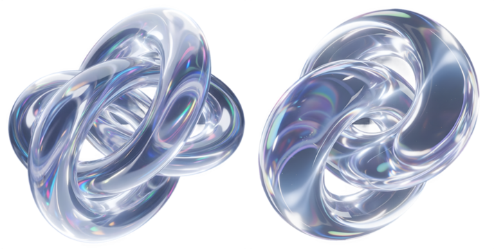Two abstract metallic intertwined knot shapes with a reflective iridescent surface, isolated on transparent background - Powered by Adobe