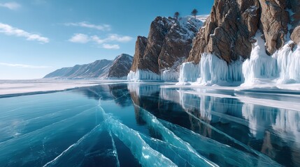 Frozen Lake with Cracked Ice and Rocky Cliffs in Winter