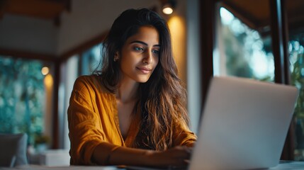 Focused Woman Working on Laptop in Modern Home