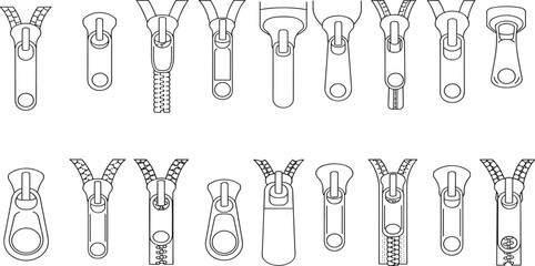 CAD drawing flat vector illustration of different zipper slider and puller designs fashion hardware template accessories front view © Ali