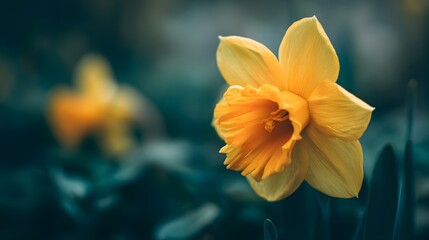 Fototapeta premium Bright yellow spring blossom stands out against a dark, cool background