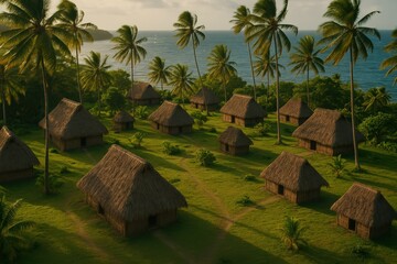 Tropical Village with Thatched Huts Near Ocean