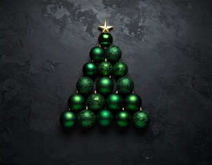 Dark Green Christmas Baubles Arranged in a Tree Shape on Black Background with Copy Space

