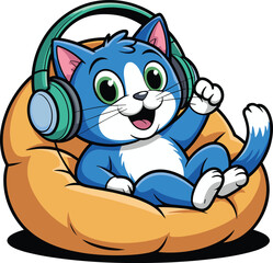 Cute blue cartoon cat character wearing green headphones sitting in orange bean bag chair, happy kitten listening to music vector illustration on whit