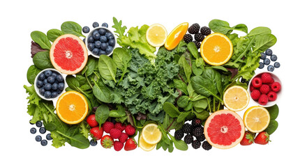 Fresh fruits and leafy greens arrangement on white background