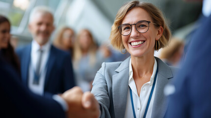 Faceless business professionals meet for first time at conference exchanging smiles and handshakes as they introduce themselves, environment welcoming and conducive to networking ,