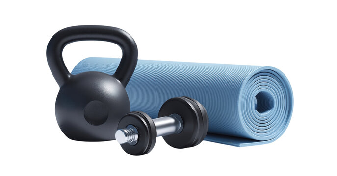 3D fitness equipment with kettlebell dumbbell and yoga mat for gym.

