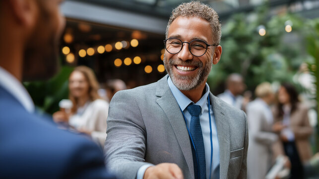 Faceless business professionals meet for first time at conference exchanging smiles and handshakes as they introduce themselves, environment welcoming and conducive to networking ,