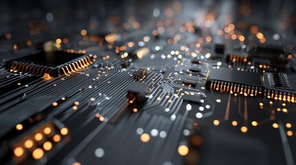 Close-up view of a circuit board with glowing orange lights. Dark background with blurred elements, highlighting intricate details of tech