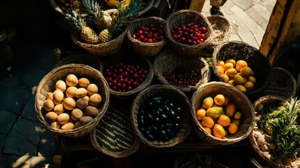 Assorted fruits and vegetables displayed in market baskets