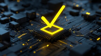 Close-up view of a computer chip with an illuminated yellow checkmark. Circuit board details and a digital, futuristic aesthetic