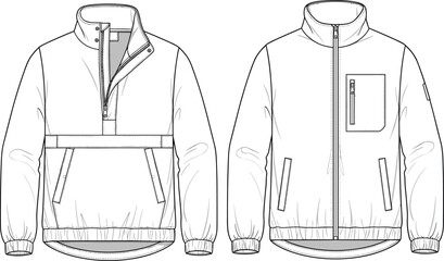 Cad drawing flat vector illustration of men’s technical windbreaker jacket with zipper, pockets, high neck, elastic cuffs, modern outerwear design © Ali